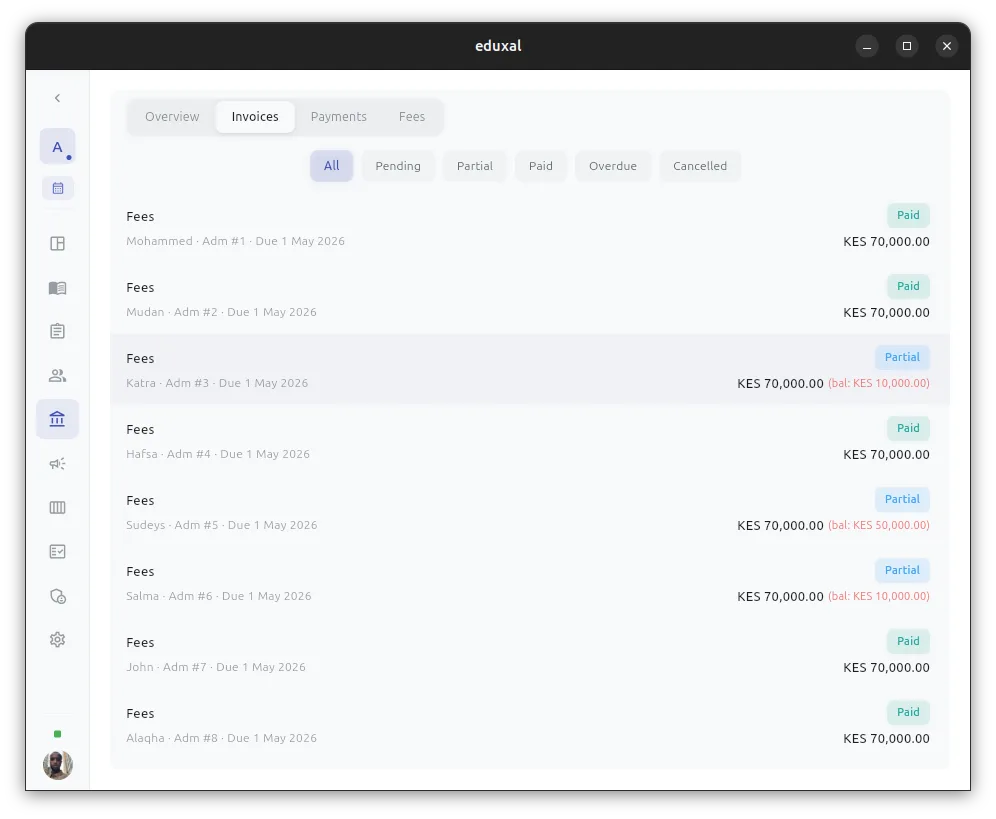 Staff managing fee invoices with payment status tracking