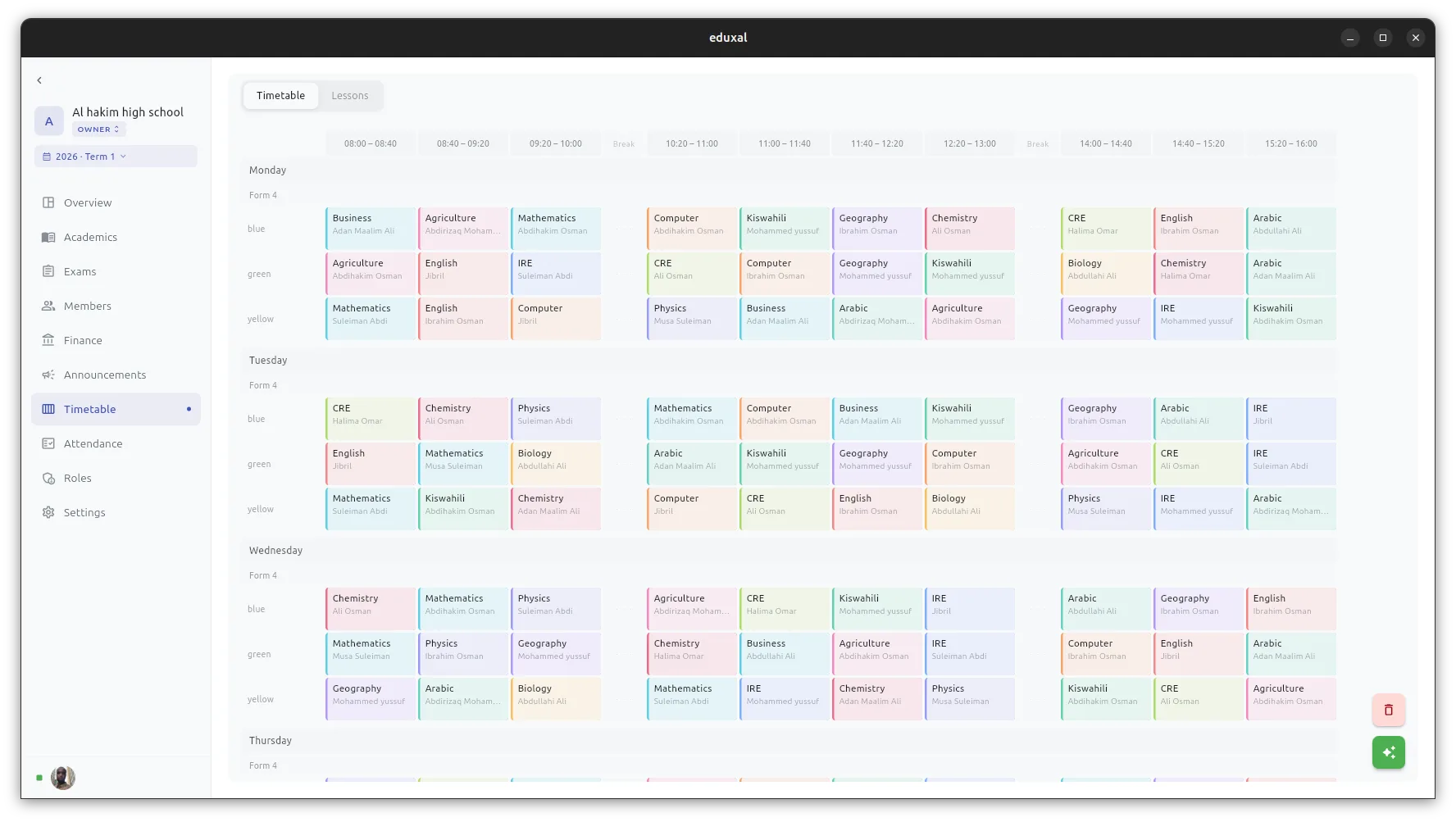 EduXal timetable showing a full weekly school schedule
