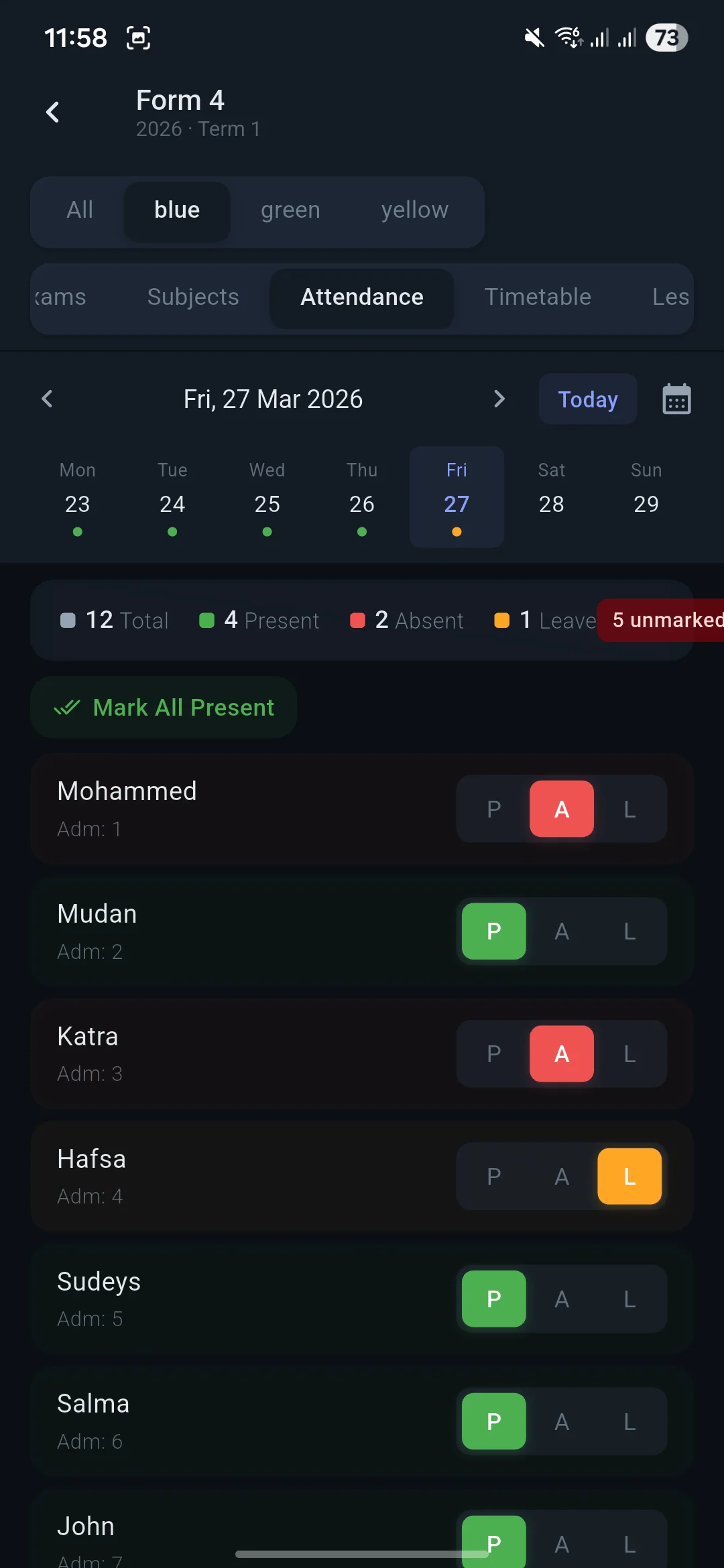 Teacher marking student attendance with one-tap P/A/L buttons