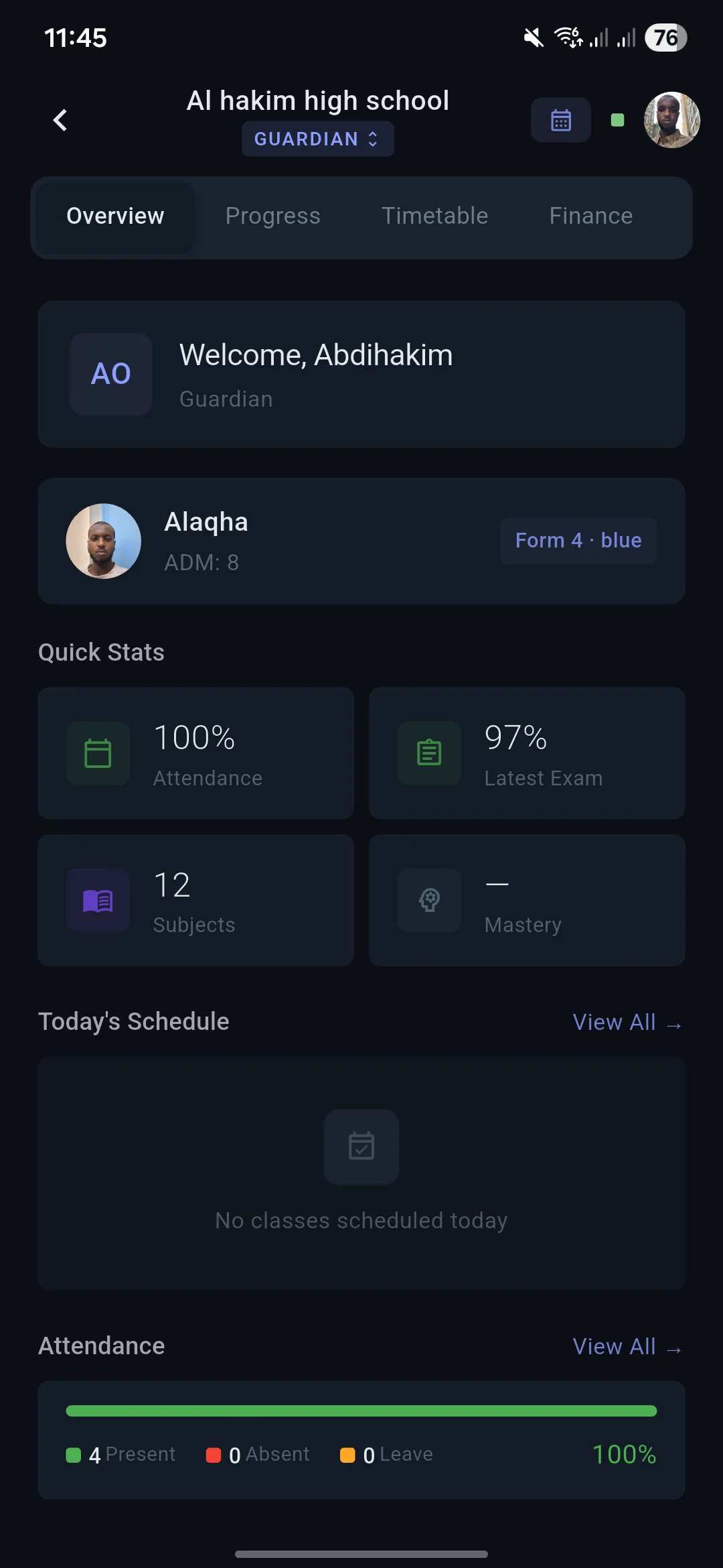 EduXal guardian mobile dashboard showing child overview
