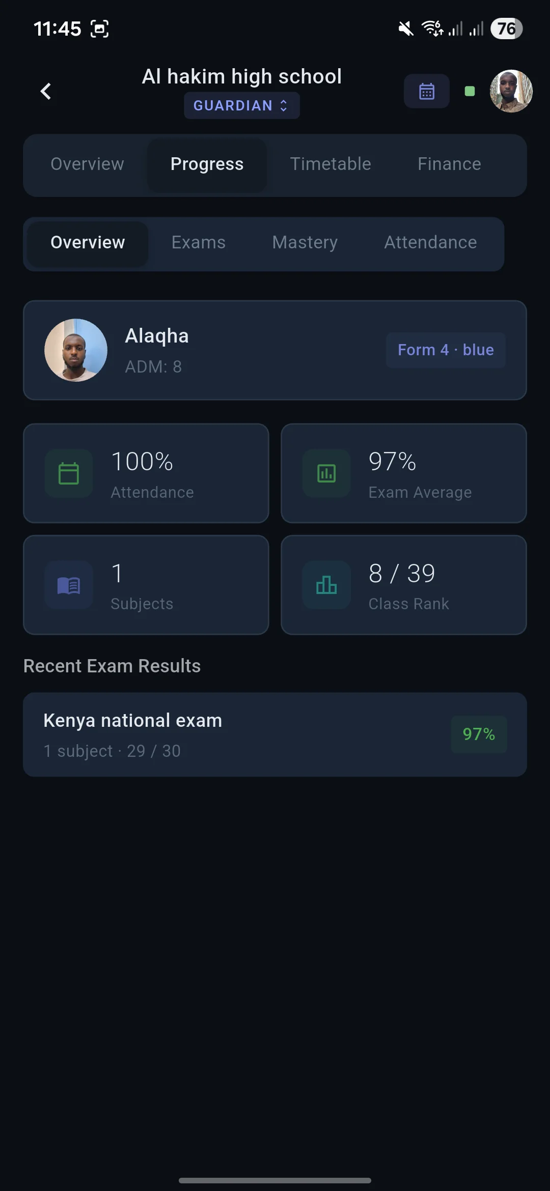 Guardian viewing child progress with exam scores and class rank