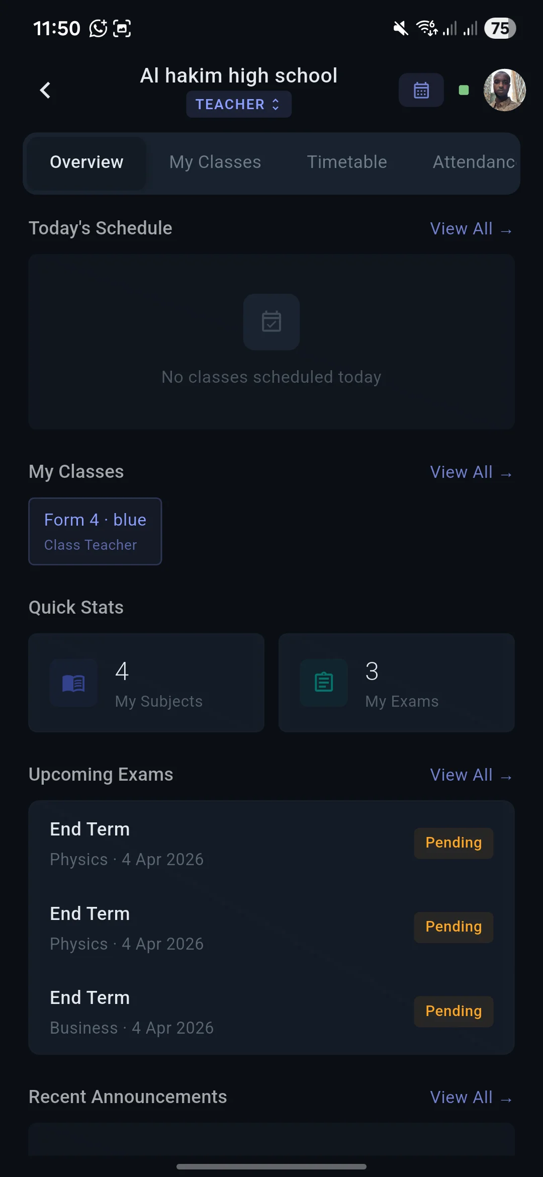 EduXal teacher mobile dashboard showing classes and exams